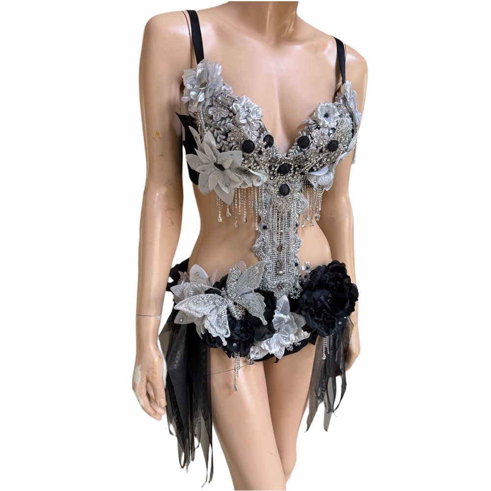 Black and Silver Floral Fairy Monokini Fairy Dress Costume